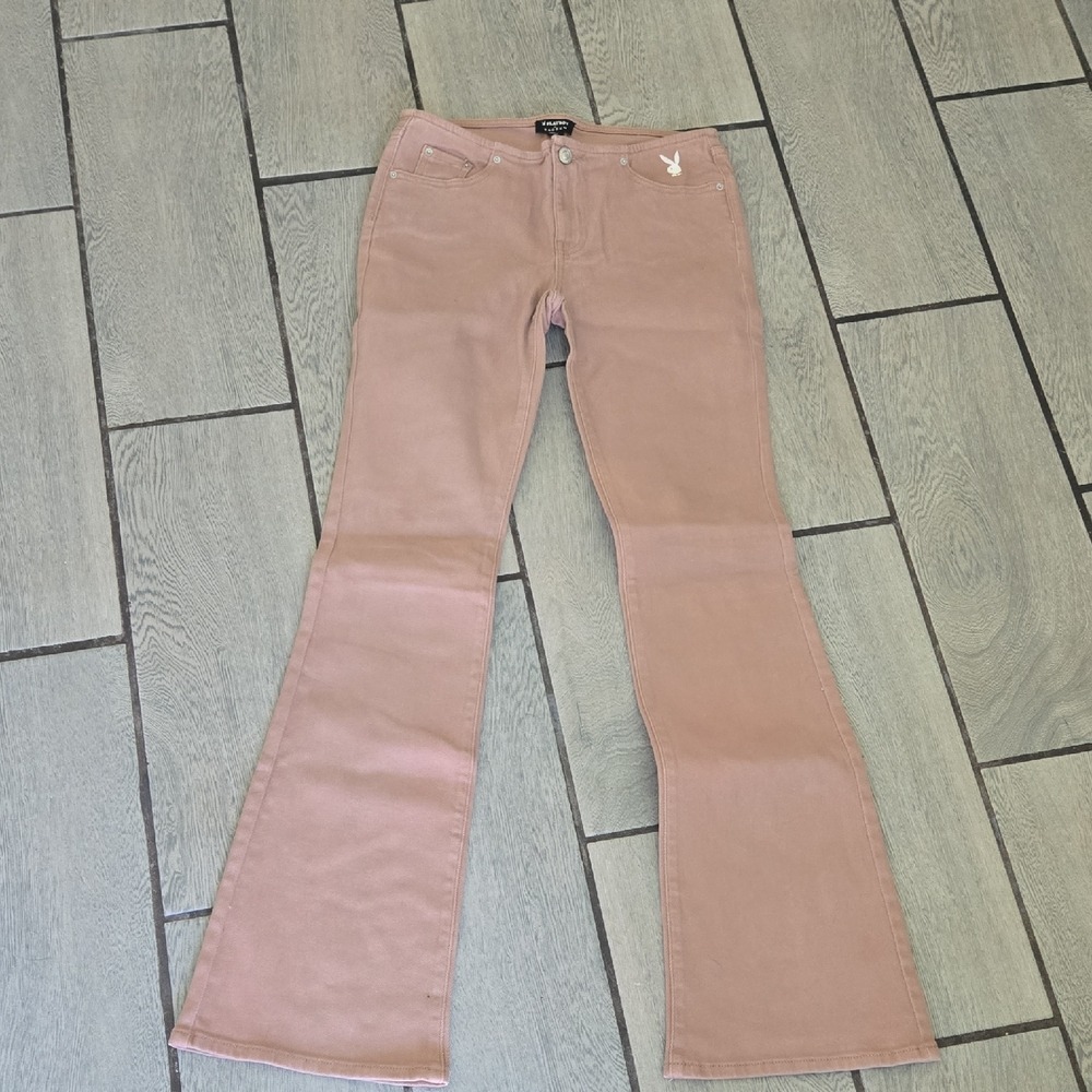 Playboy by PacSun Womens Flare Jeans Pink Bunny Logo Stretch Denim Size‎ 26